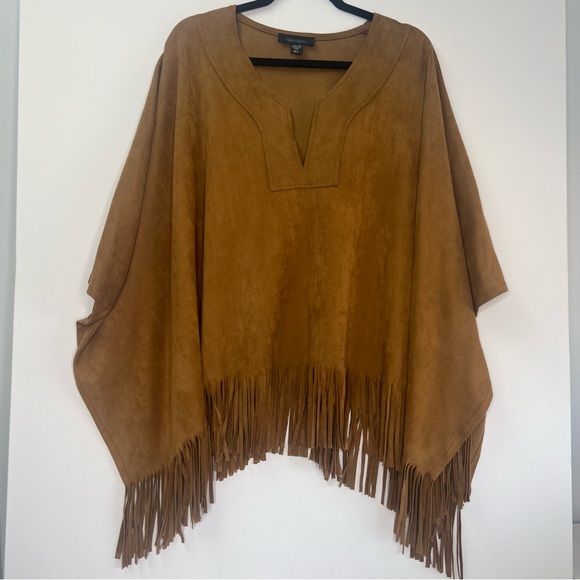 Karen Kane Sweaters - Karen Kane Oversized Faux Suede Fringe Poncho Top Sz M/L
Camel